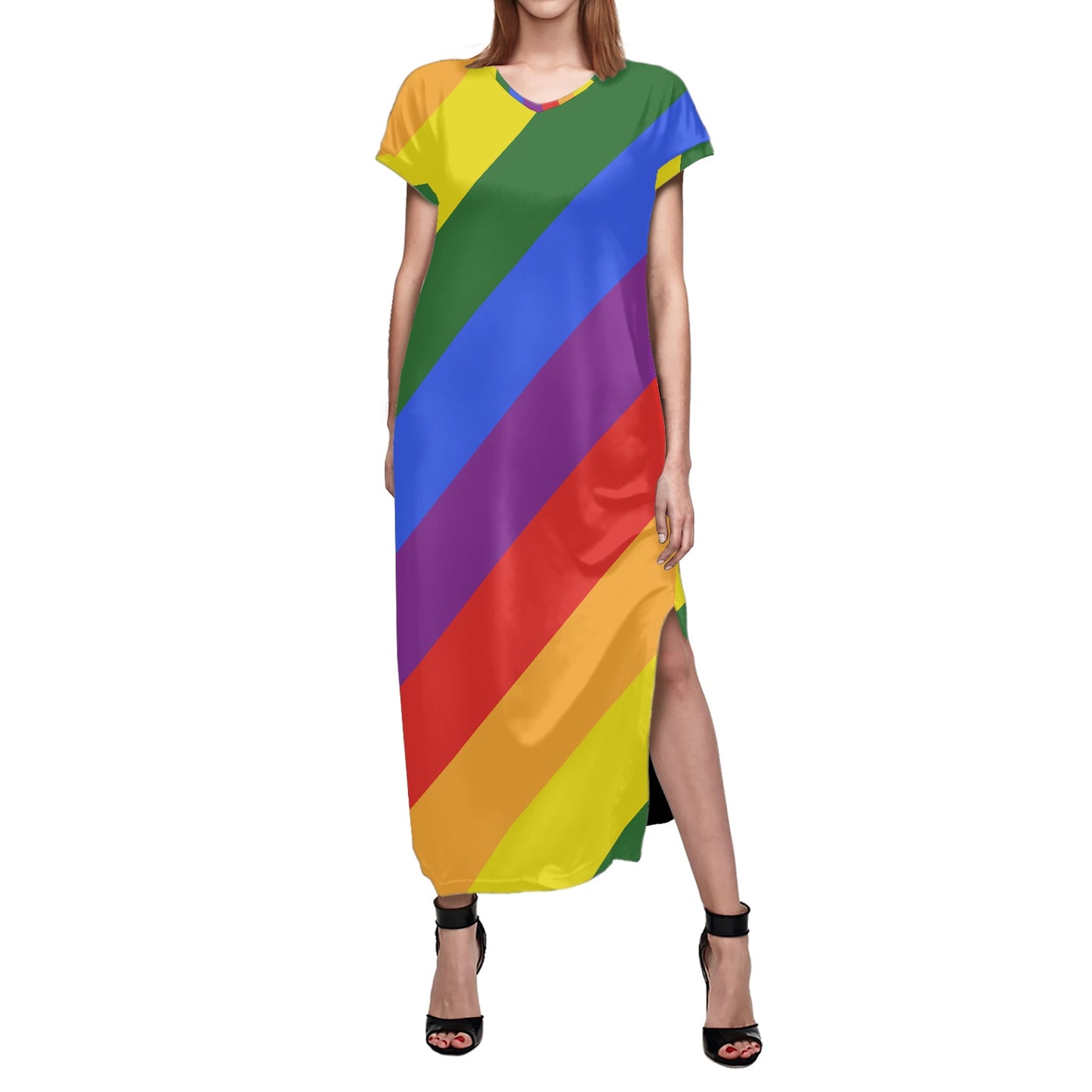 Rainbow Short-Sleeved Slit Dress - V-Neck, Ankle-Length, Perfect for Summer Parties and Vacations