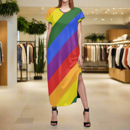 Rainbow Short-Sleeved Slit Dress - V-Neck, Ankle-Length, Perfect for Summer Parties and Vacations