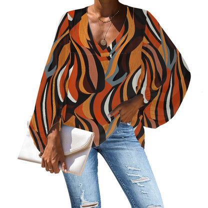 African Ethnic V-Neck Chiffon Puff Sleeve Blouse by Luxtrini 4XL
