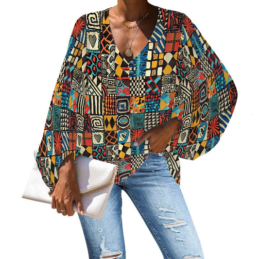 V-Neck Chiffon Puff Sleeve Blouse by Luxtrini 4XL