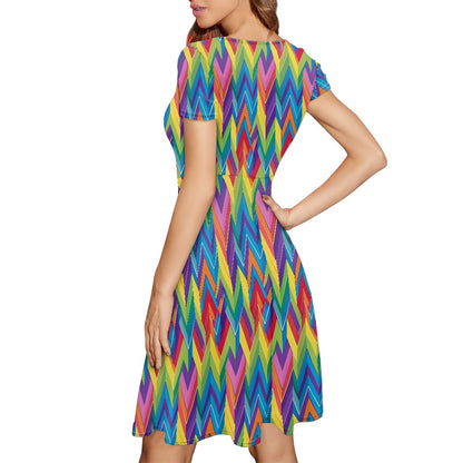 LGBTQ Rainbow Chevron Women Scoop Neck Short Sleeve Ruffle Dress