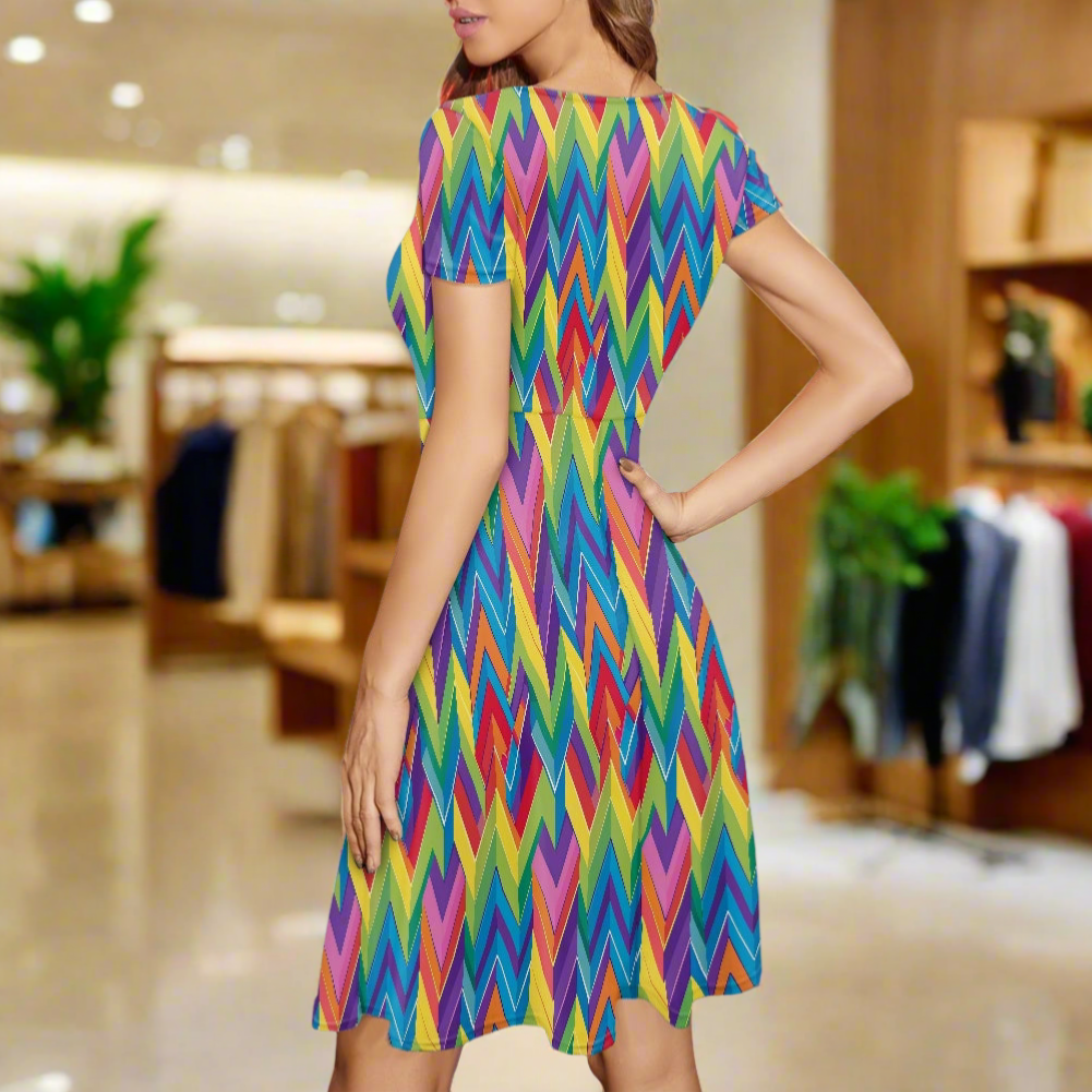 LGBTQ Rainbow Chevron Women Scoop Neck Short Sleeve Ruffle Dress