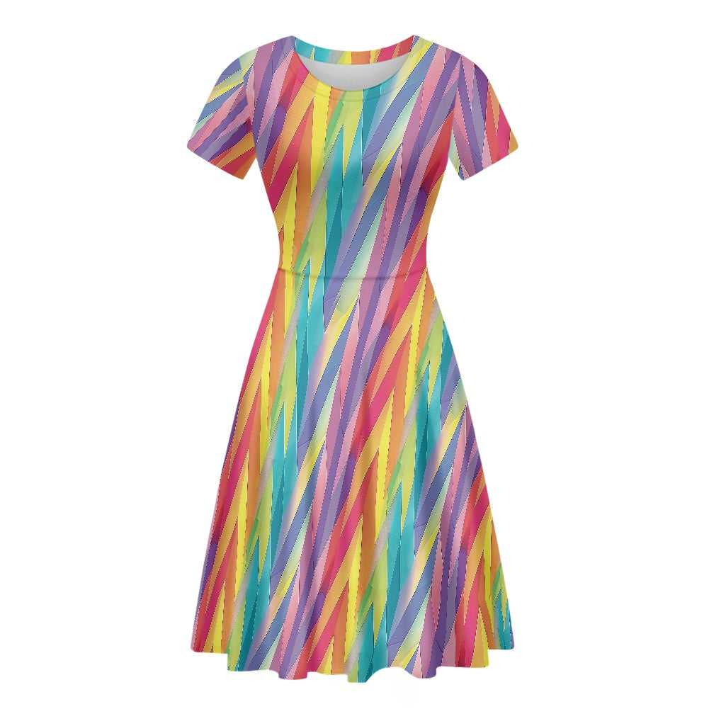 Pastel Chevron Rainbow Stripes Women Scoop Neck Short Sleeve Ruffle Dress