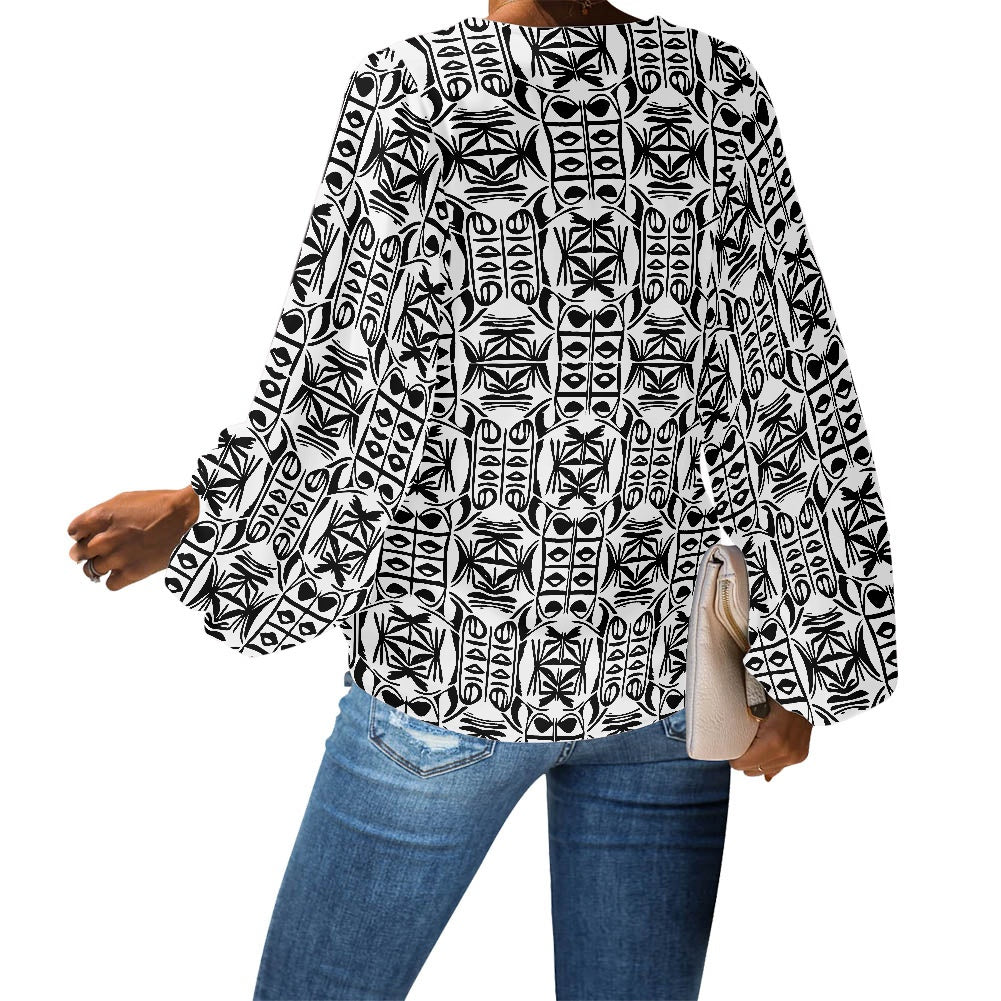 Black and White Ethnic V-Neck Chiffon Puff Sleeve Blouse by Luxtrini