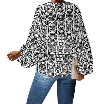 Black and White Ethnic V-Neck Chiffon Puff Sleeve Blouse by Luxtrini