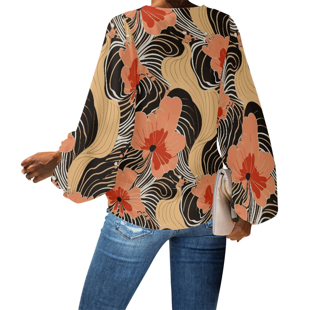 Floral V-Neck Chiffon Puff Sleeve Blouse by Luxtrini