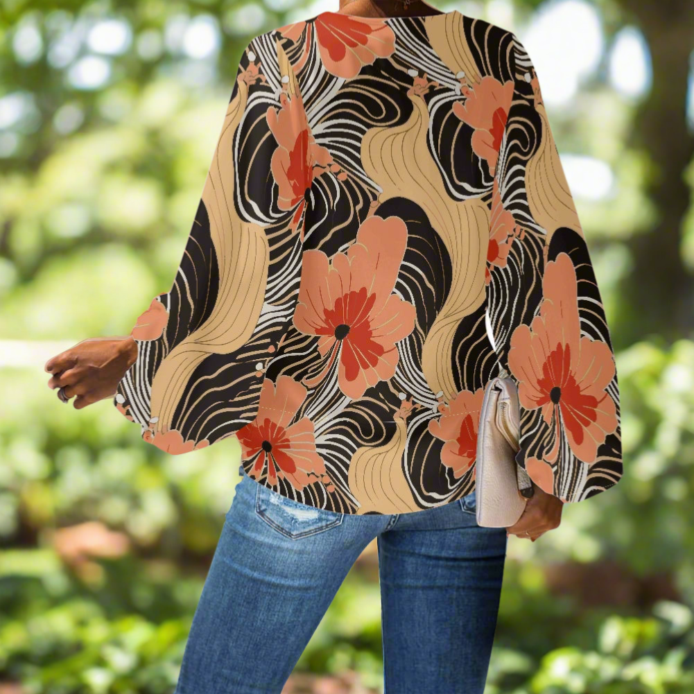 Floral V-Neck Chiffon Puff Sleeve Blouse by Luxtrini