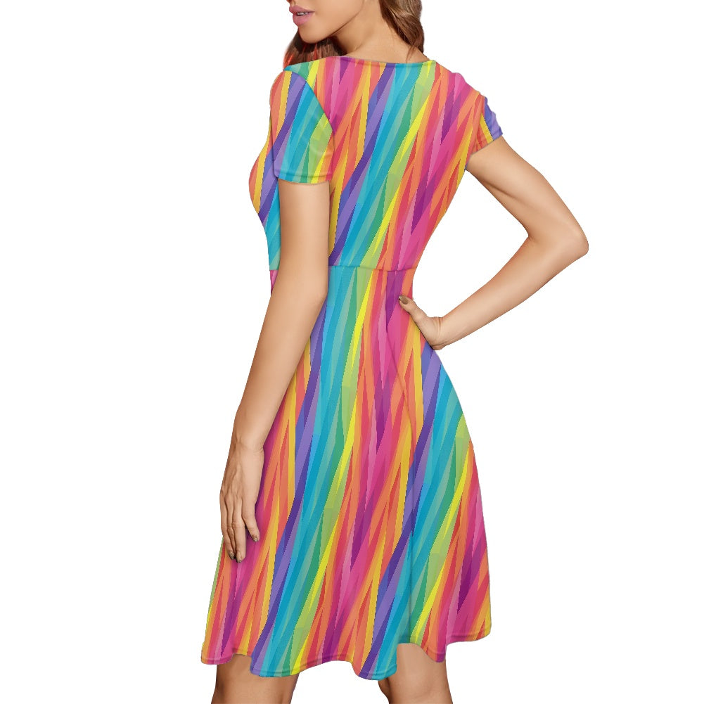 Rainbow Chevron Women Scoop Neck Short Sleeve Ruffle Dress