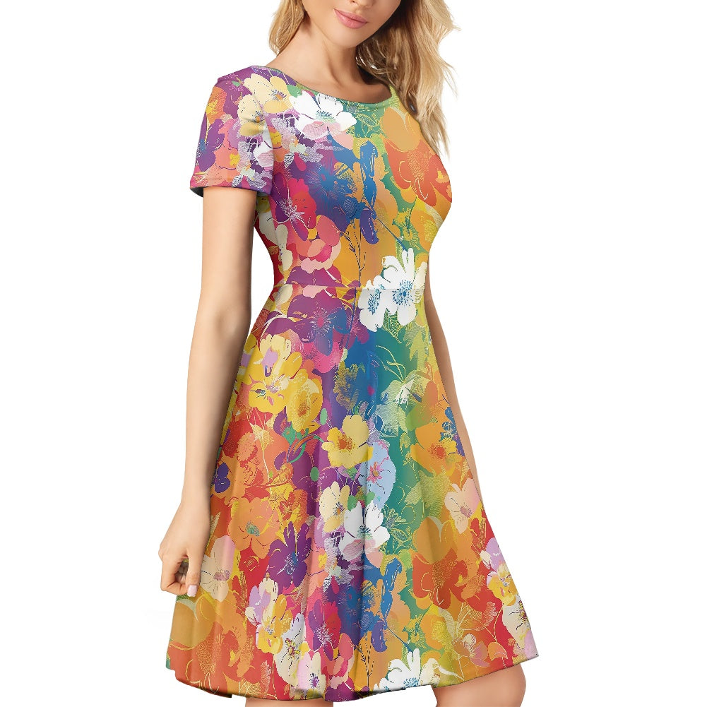 Women Scoop Neck Short Sleeve Ruffle Dress