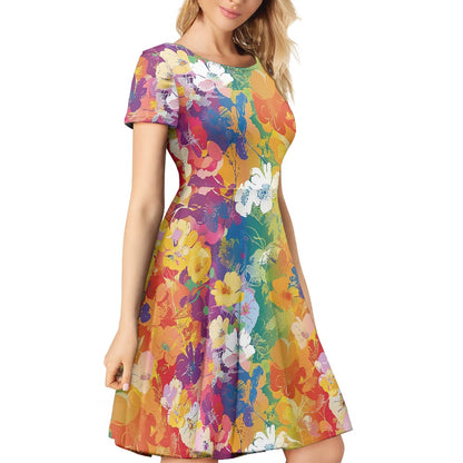 Women Scoop Neck Short Sleeve Ruffle Dress