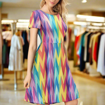 LGBTQ Rainbow Chevron's Women Scoop Neck Short Sleeve Ruffle Dress