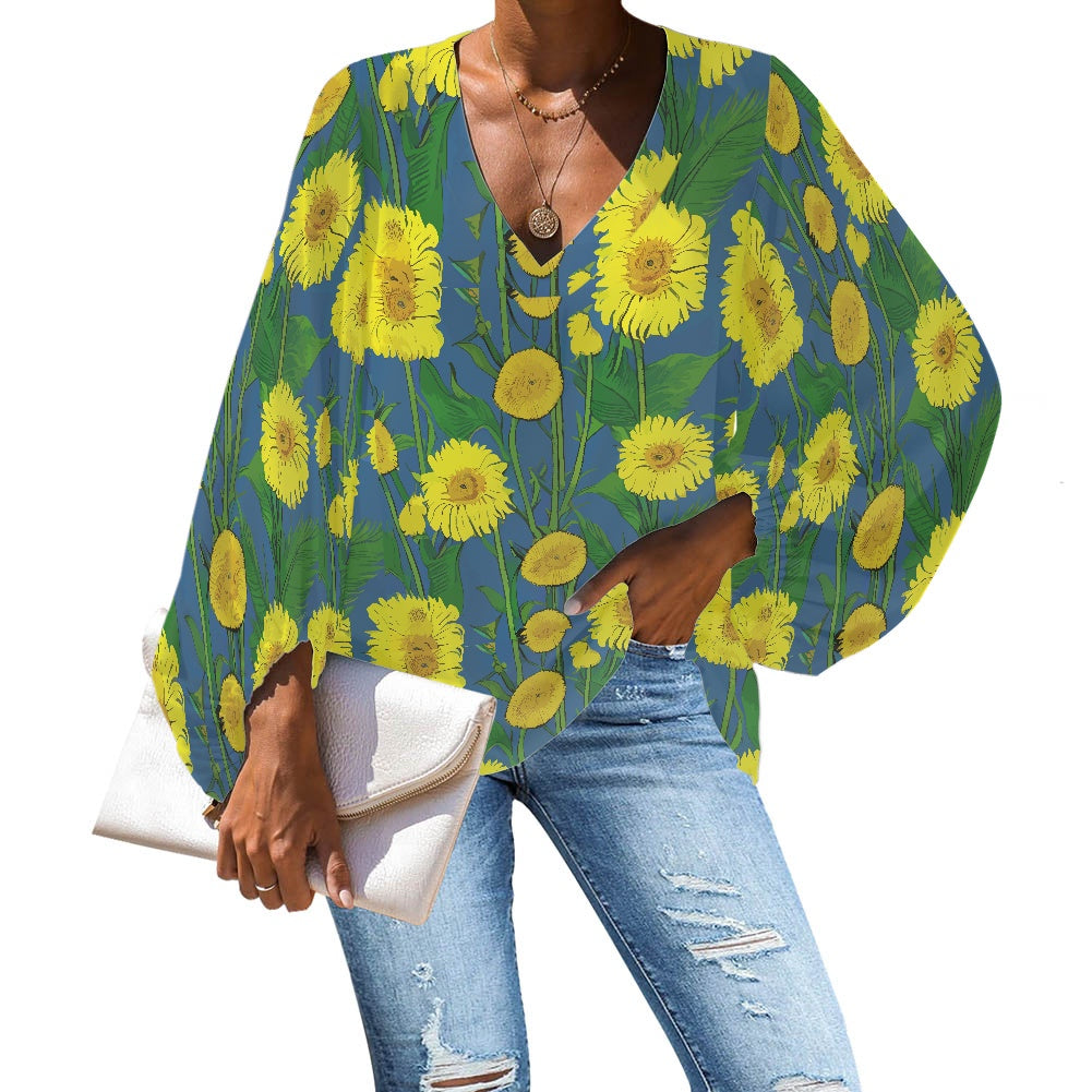 V-Neck Puff Sleeve Chiffon Blouse white