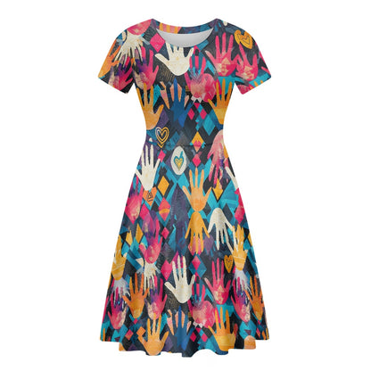 Women Scoop Neck Short Sleeve Ruffle Dress white