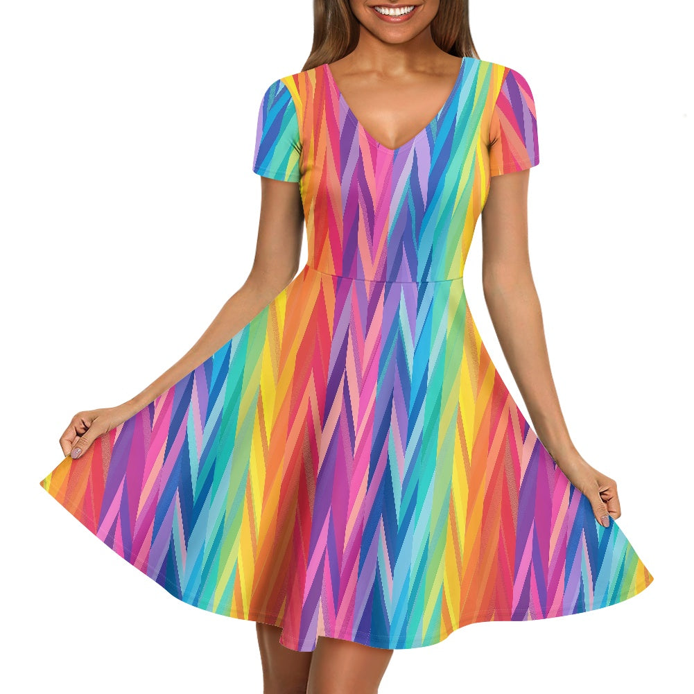 Rainbow Chevrons Women V-Neck Short Sleeve Ruffle Dress