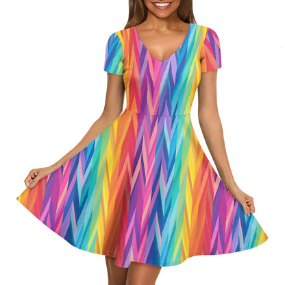 Rainbow Chevrons Women V-Neck Short Sleeve Ruffle Dress