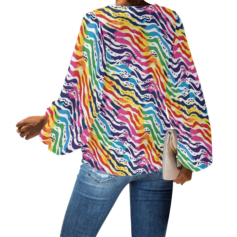 V-Neck Chiffon Puff Sleeve Blouse by Luxtrini