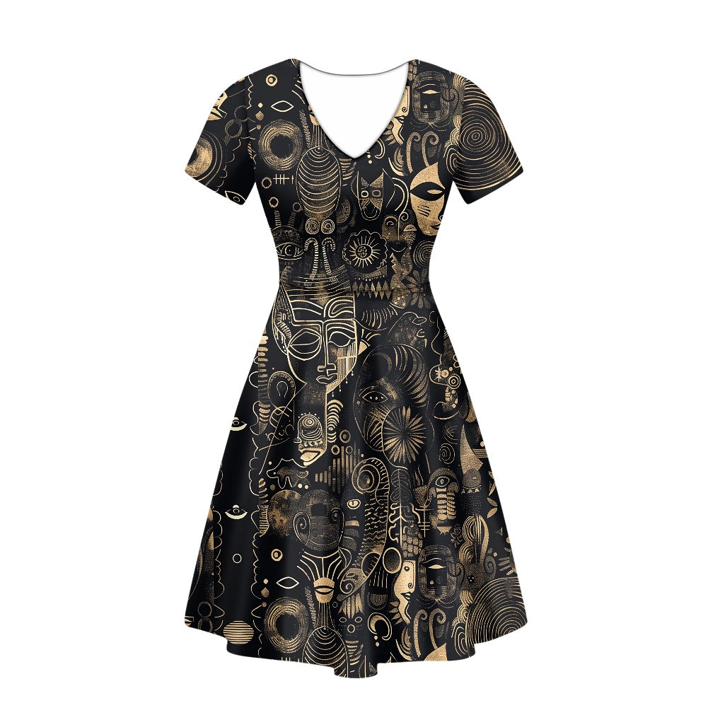 Black and Beige Women V-Neck Short Sleeve Ruffle Dress with Afrofuturism Touches white