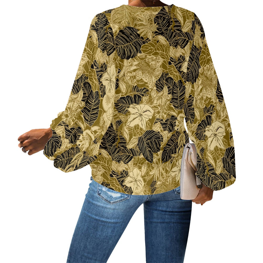 Chic Nature-Inspired Blouse – Gold and Black Floral Chiffon Puff Sleeve Top by Luxtrini