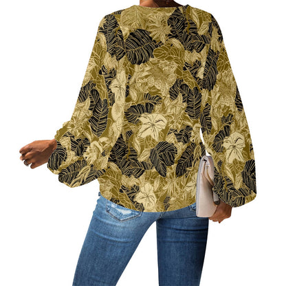 Chic Nature-Inspired Blouse – Gold and Black Floral Chiffon Puff Sleeve Top by Luxtrini
