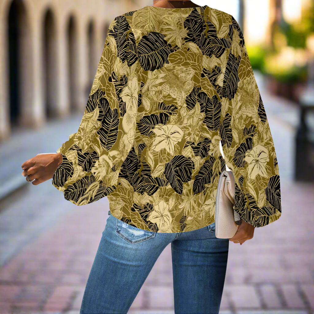 Chic Nature-Inspired Blouse – Gold and Black Floral Chiffon Puff Sleeve Top by Luxtrini