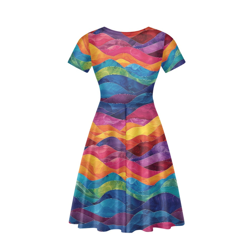 Women V-Neck Short Sleeve Ruffle Dress