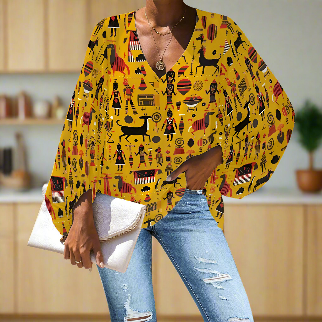 Yellow Tribal Chiffon Blouse – Stylish V-Neck with Bold Ethnic Motifs Chiffon Puff Sleeve Blouse by Luxtrini