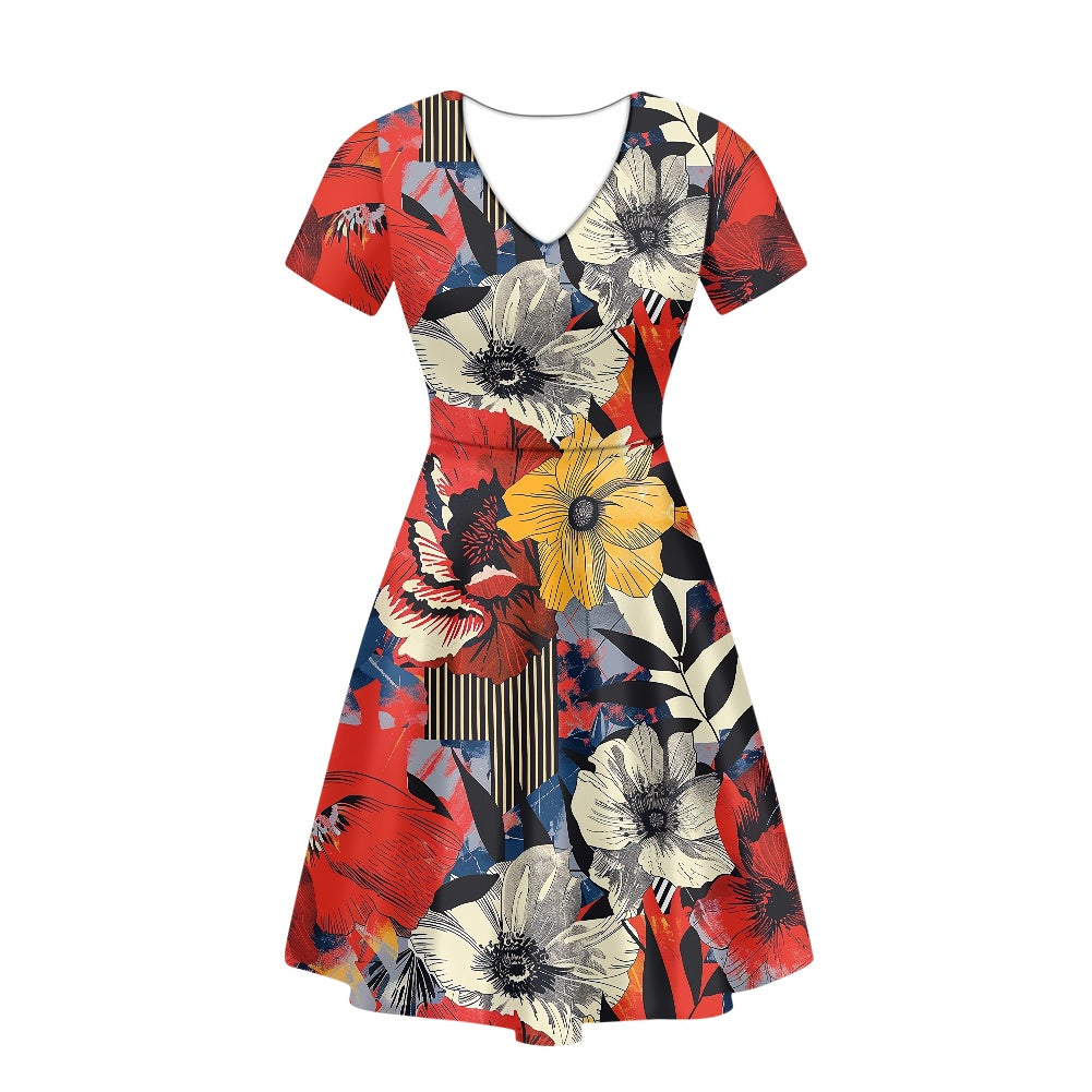 Bloom & Lines: Chic Women’s V-Neck Short Sleeve Ruffle Dress with Floral and Geometric Design white