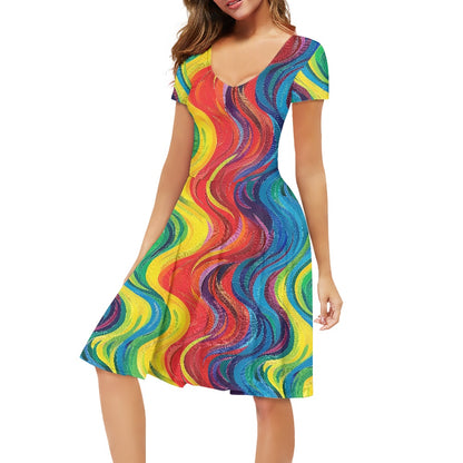 Rainbow Women V-Neck Short Sleeve Ruffle Dress