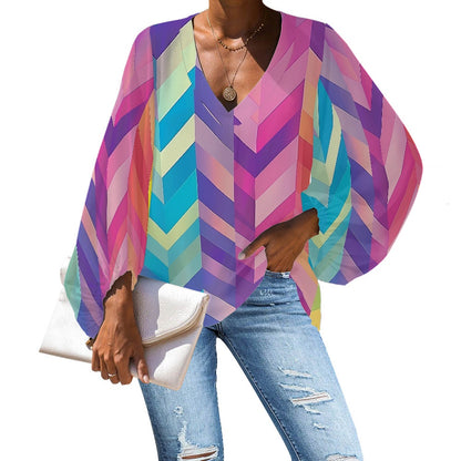 V-Neck Chiffon Puff Sleeve Blouse with Geometric Rainbow Patterns – Bold and Stylish by Luxtrini