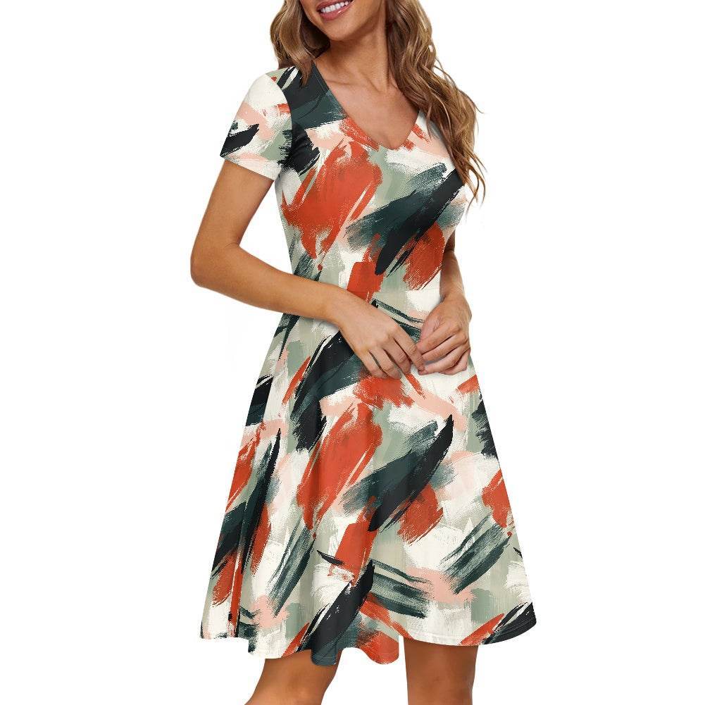 Abstract Painting Women V-Neck Short Sleeve Ruffle Dress