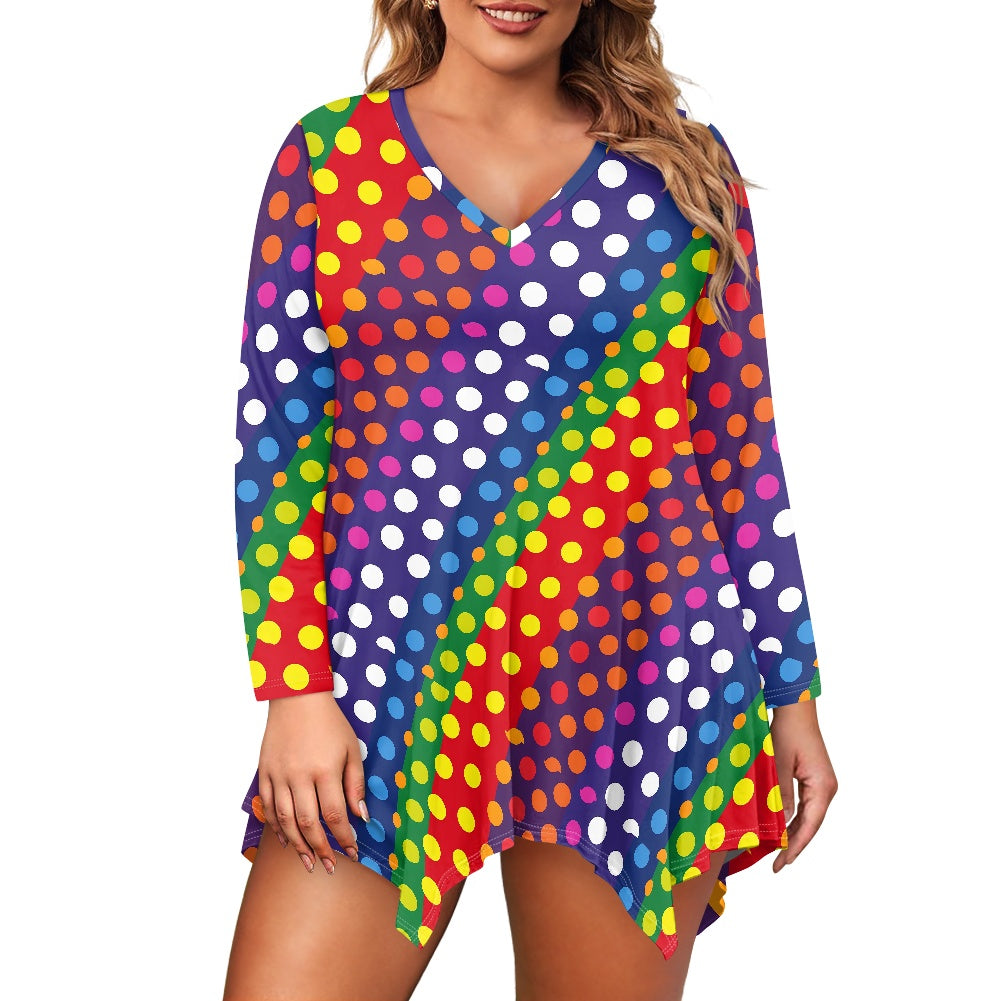 Rainbow Polka Dot Irregular V-neck top and skirt