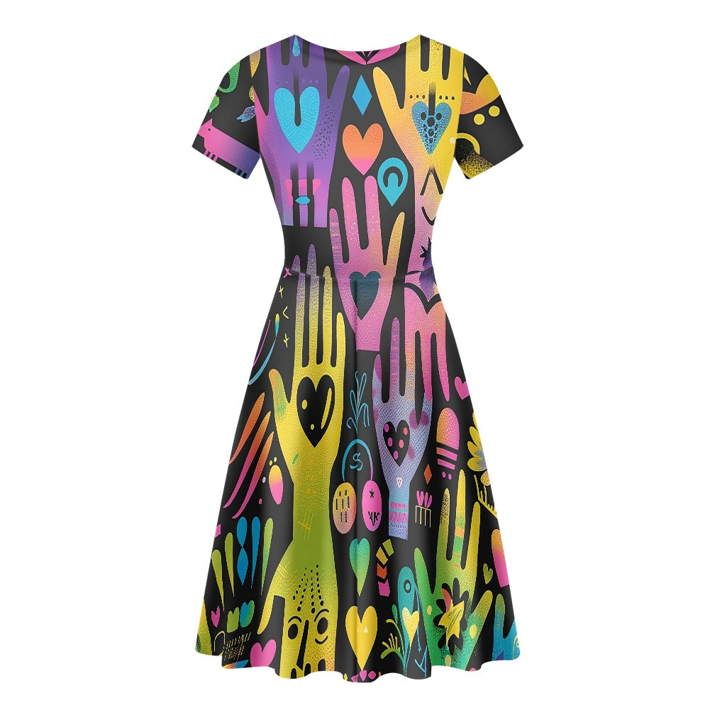 Women Scoop Neck Short Sleeve Ruffle Dress