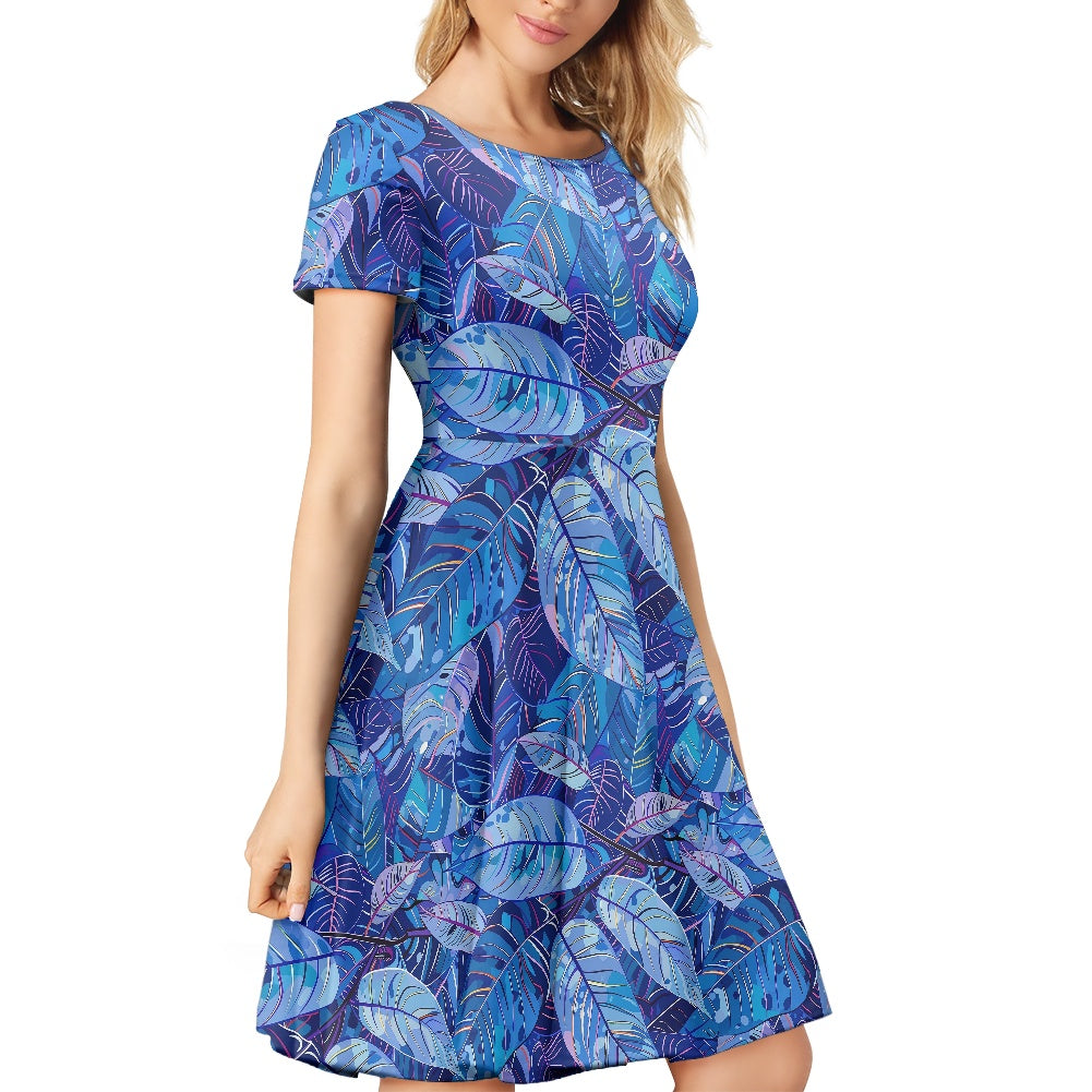 Vibrant, Blue, Tropical-print Women Scoop Neck Short Sleeve Ruffle Dress