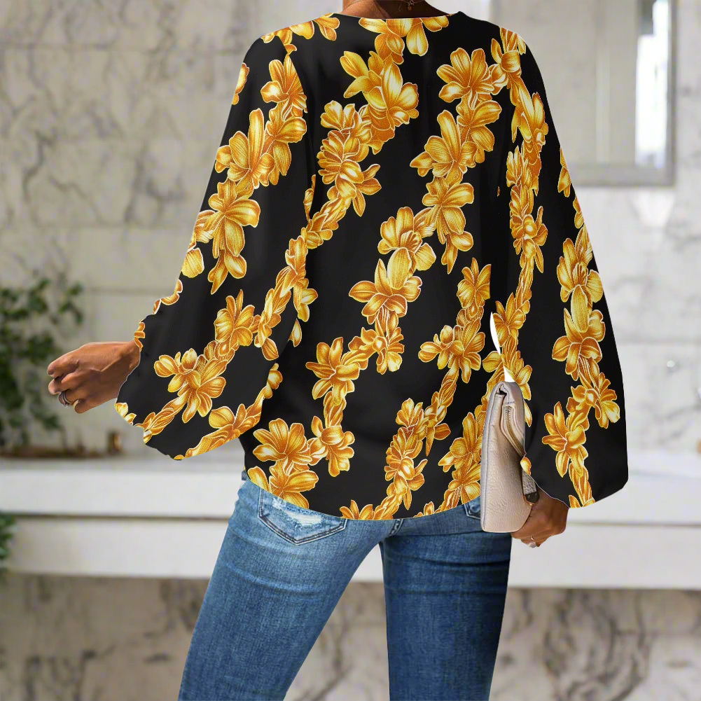 Lei Golden on Black V-Neck Chiffon Puff Sleeve Blouse by Luxtrini