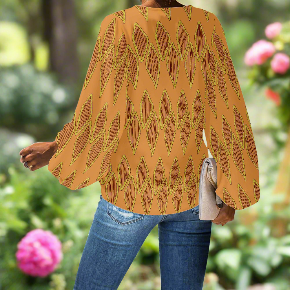 African Orange Mudcloth V-Neck Chiffon Puff Sleeve Blouse by Luxtrini
