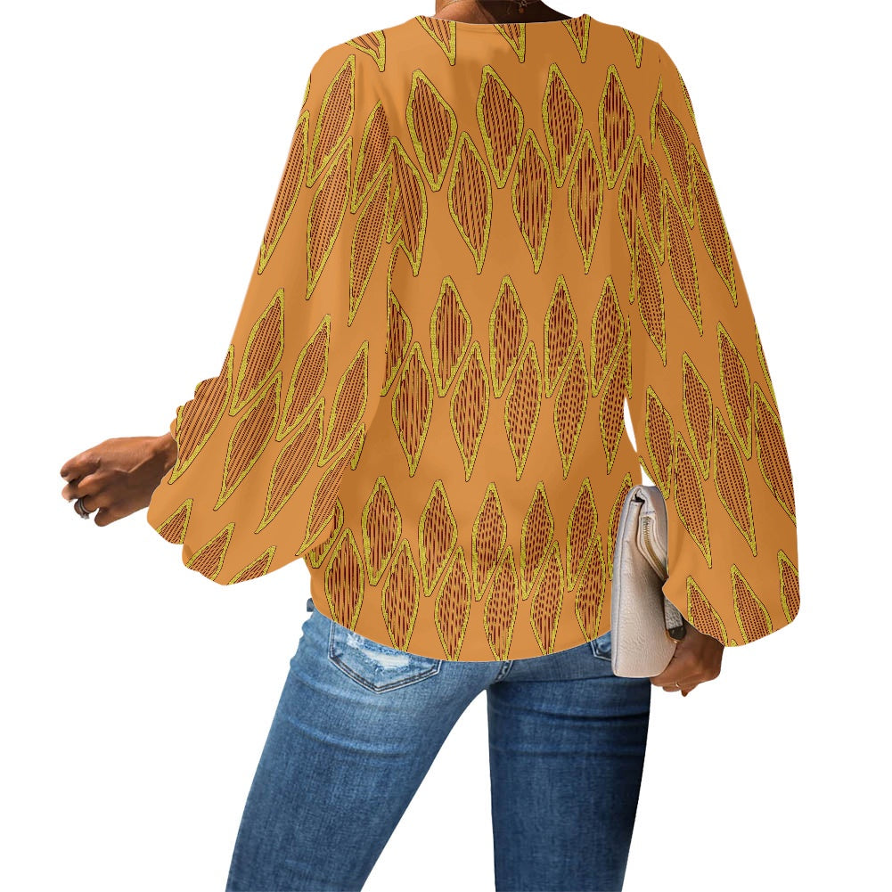African Orange Mudcloth V-Neck Chiffon Puff Sleeve Blouse by Luxtrini