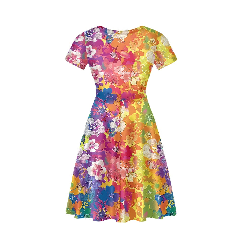 Women V-Neck Short Sleeve Ruffle Dress