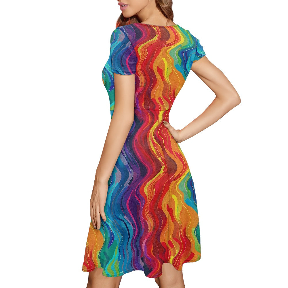 Women Scoop Neck Short Sleeve Ruffle Dress