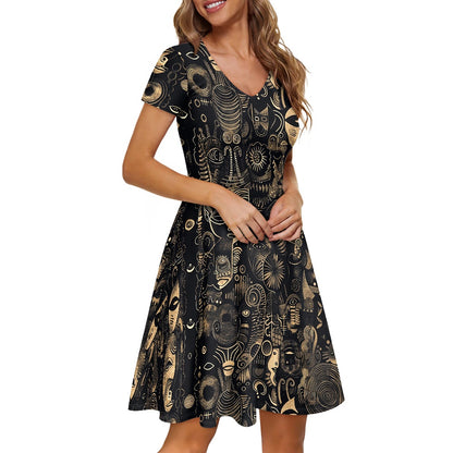 Black and Beige Women V-Neck Short Sleeve Ruffle Dress with Afrofuturism Touches