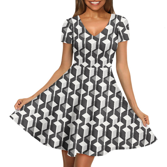 Geometric Shapes Women V-Neck Short Sleeve Ruffle Dress