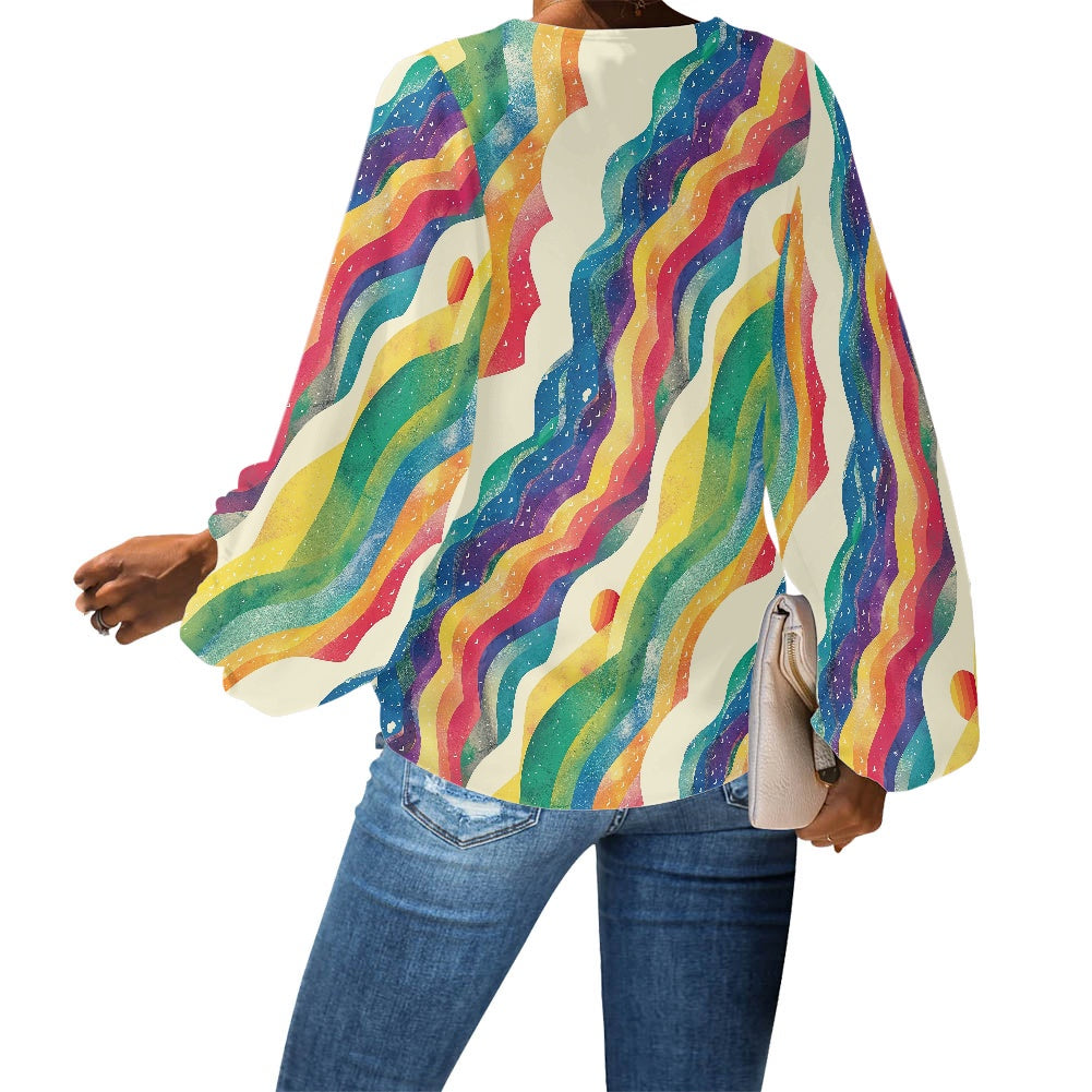 V-Neck Chiffon Puff Sleeve Blouse by Luxtrini
