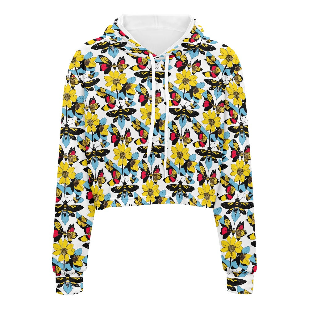 Women's midriff-baring sweatshirt - Bees and Butterflies white