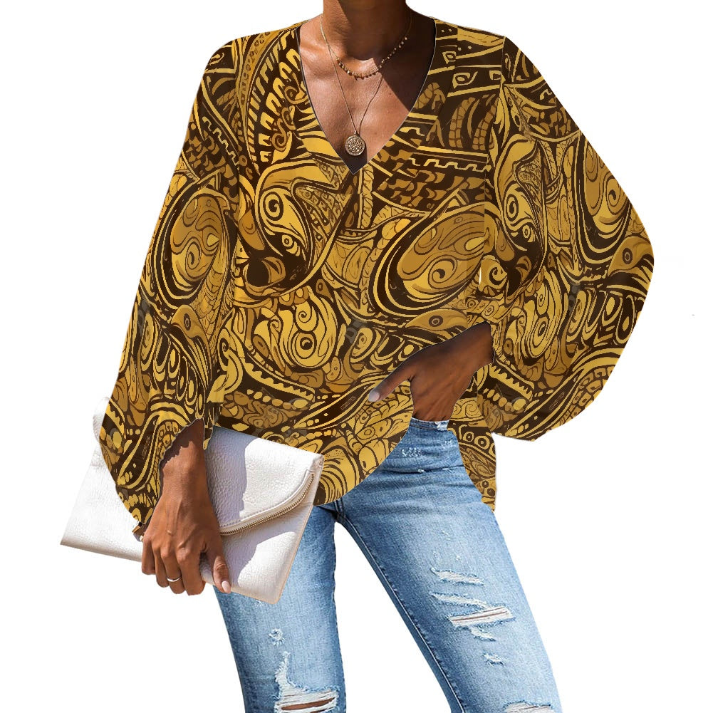 African Ethnic Animal Motif V-Neck Chiffon Puff Sleeve Blouse by Luxtrini 4XL