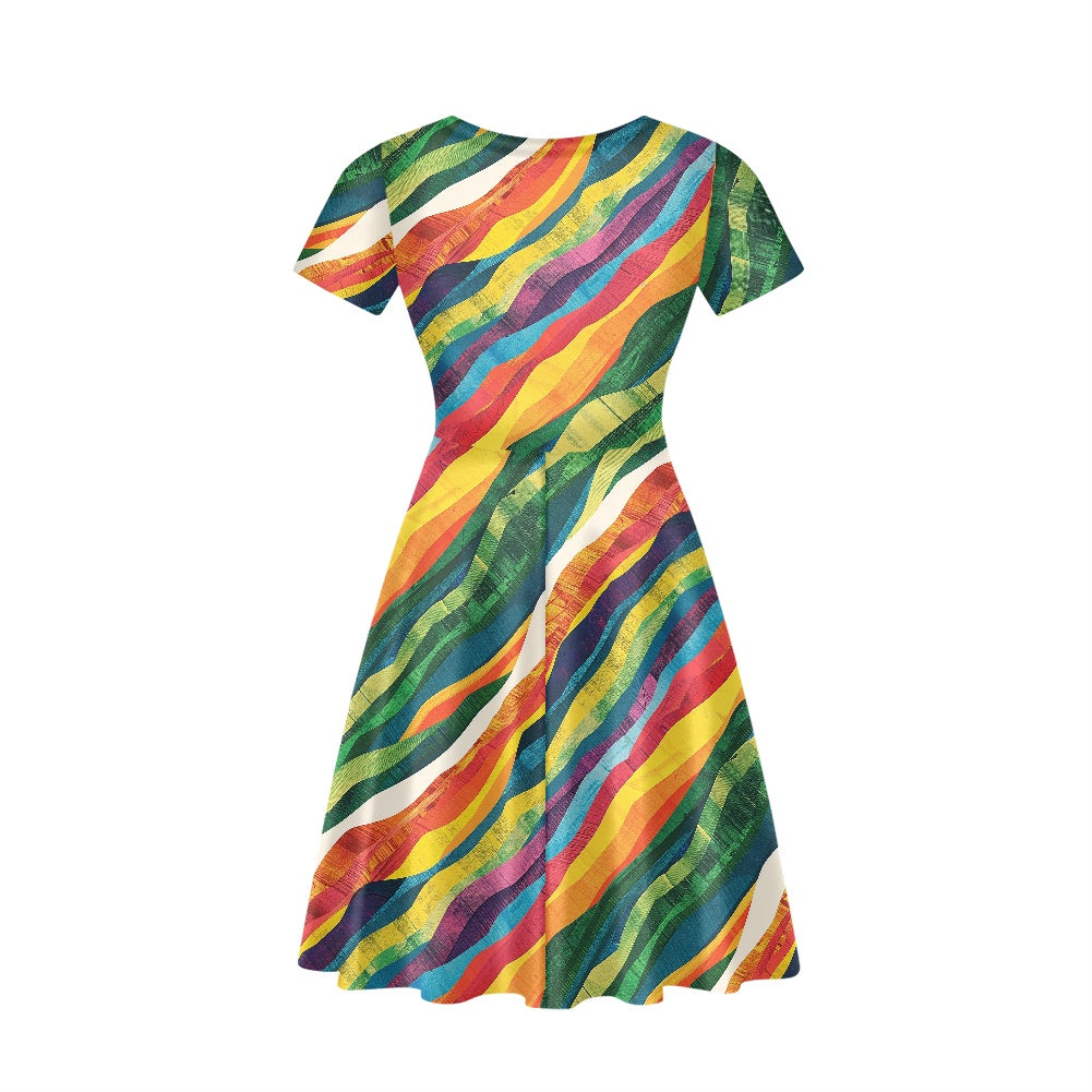 Wavy Rainbow Women V-Neck Short Sleeve Ruffle Dress
