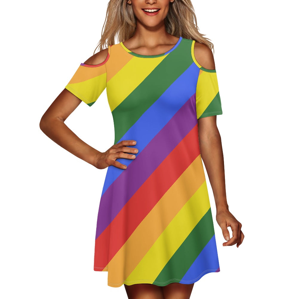 Rainbow Cold shoulder dress with a round neckline
