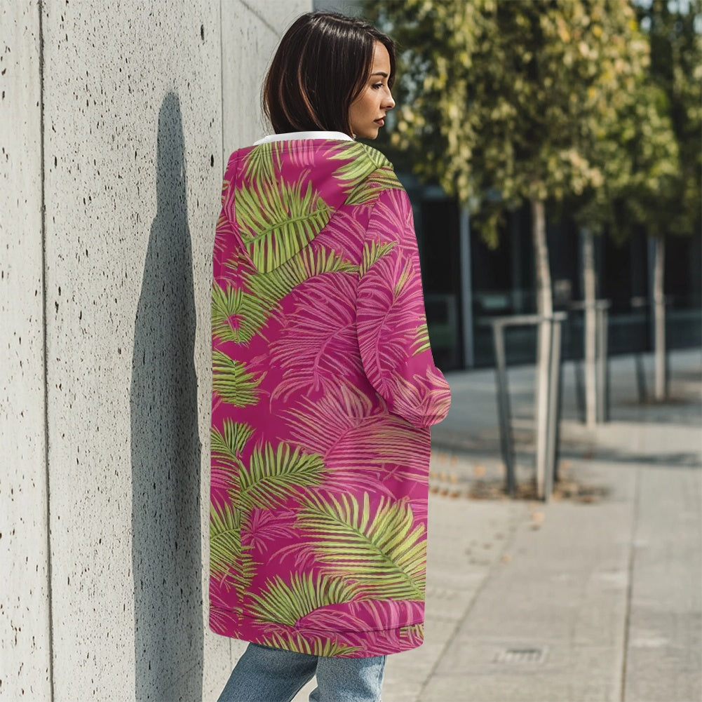 Women's mid-length hooded sweatshirt cardigan