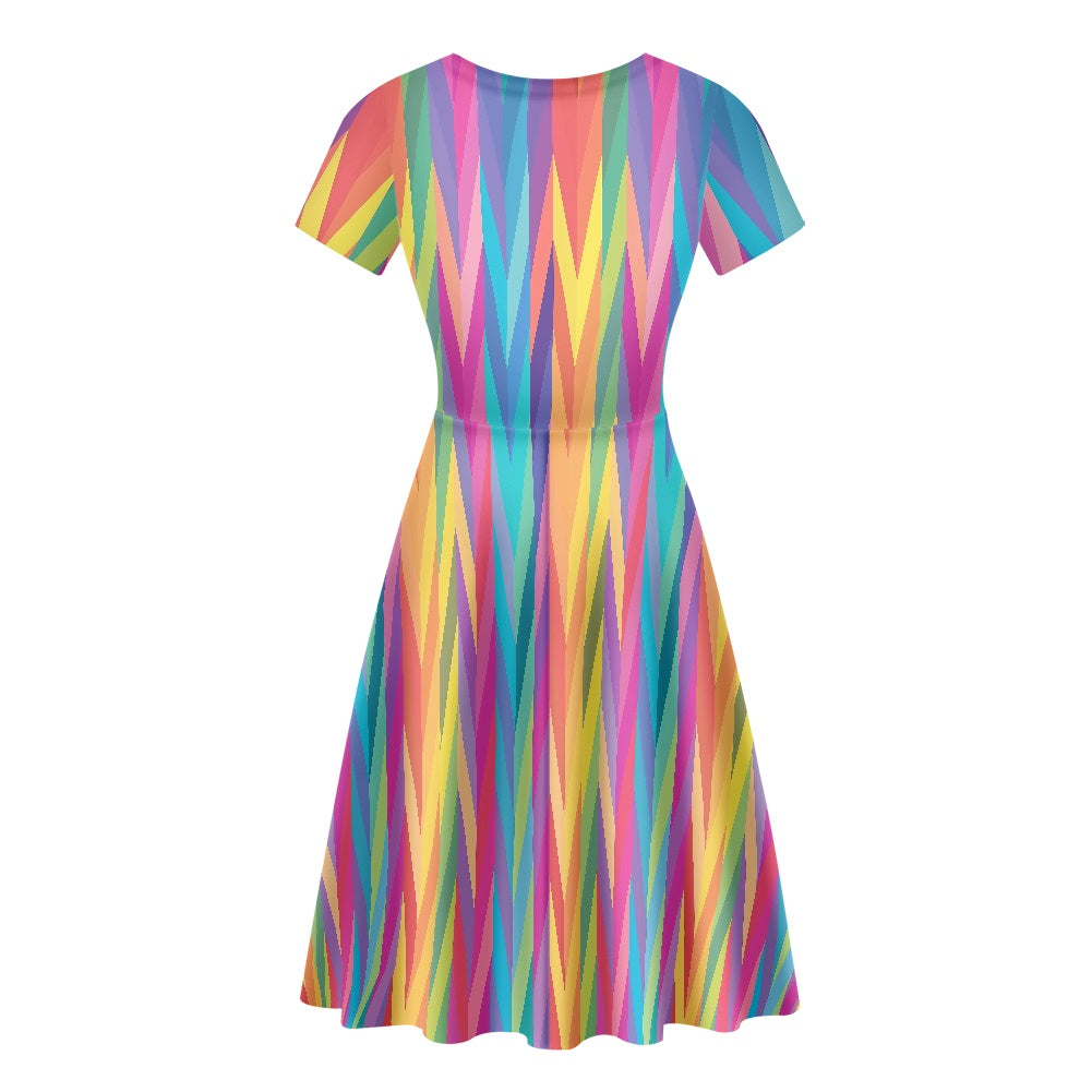 Rainbow Chevron Women Scoop Neck Short Sleeve Ruffle Dress