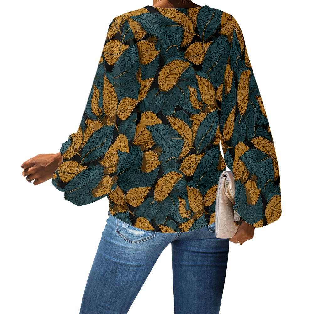 Brown and Green Leave pattern V-Neck Chiffon Puff Sleeve Blouse by Luxtrini