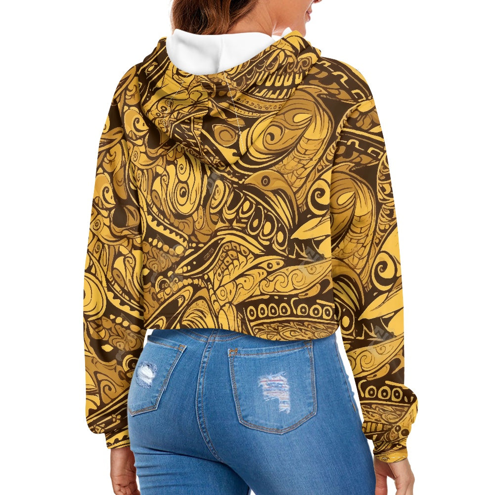 Women's midriff-baring sweatshirt - Gold Ethnic