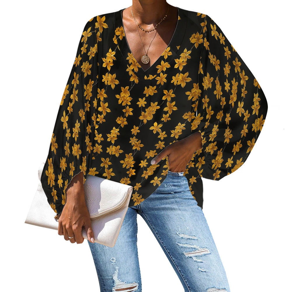Black and Gold Ditsy Floral Blouse – Loose Fit Chiffon Puff Sleeve Blouse for Women V-Neck by Luxtrini 4XL